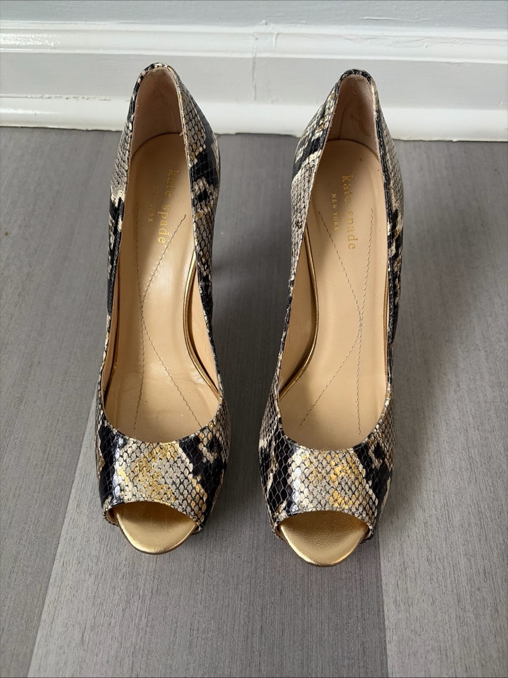 kate spade Snake-Print Peep Toe Heels in Black and Gold